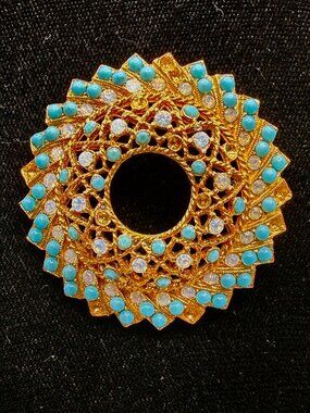 Vintage Sarah Coventry Gold Brooch w/Blue Beads and Rhinestones